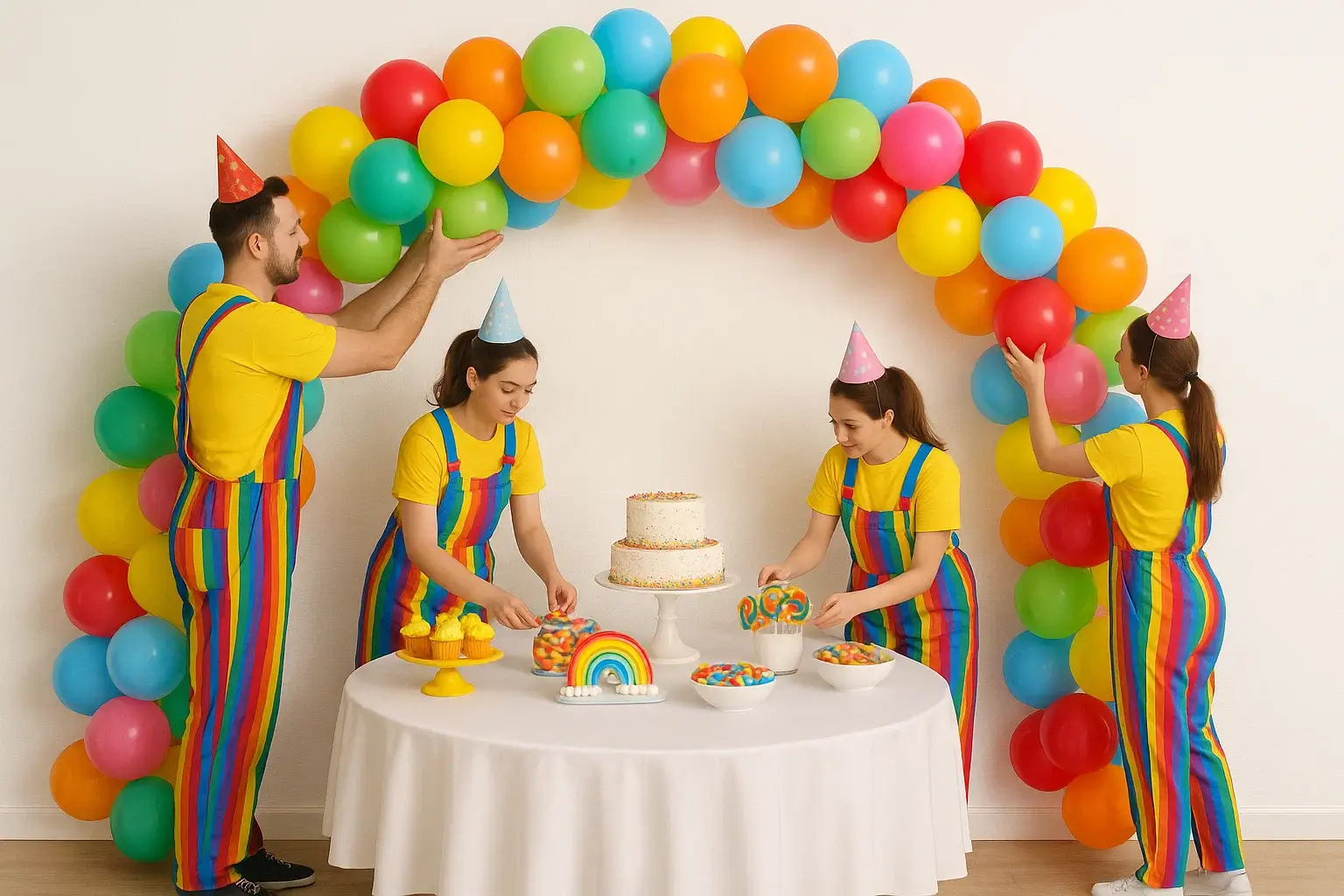 Crew setting up colorful balloon arch and dessert table