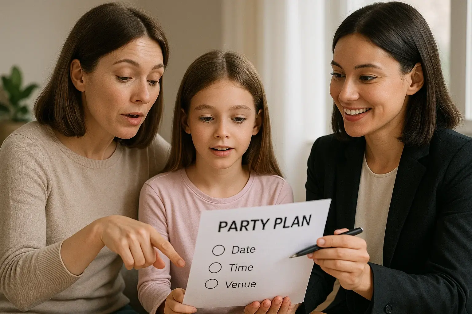 WonderSpark planner talking with a parent and child at a tidy desk
