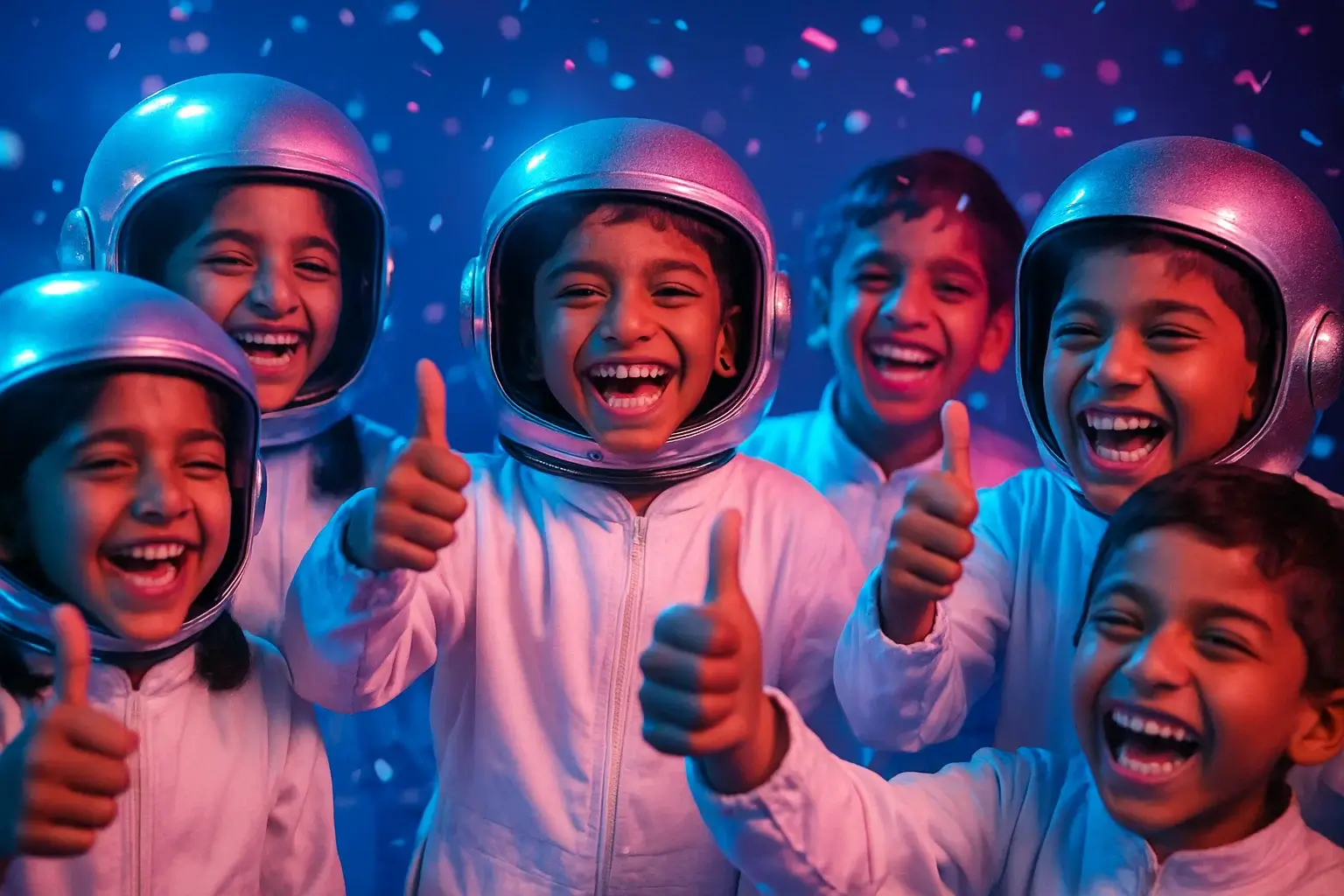 Kids in astronaut helmets