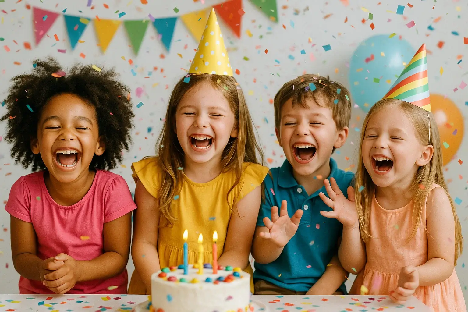 Kids laughing under confetti cannon at party finale