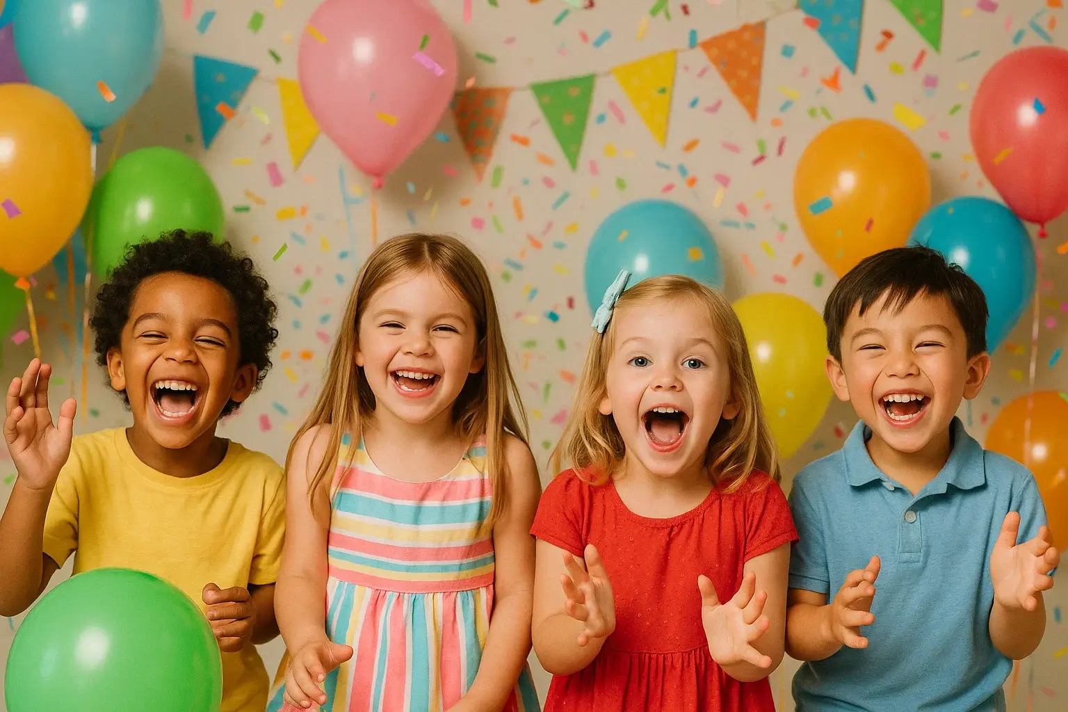 Joyful children surrounded by balloons, confetti and colorful decorations at a WonderSpark birthday