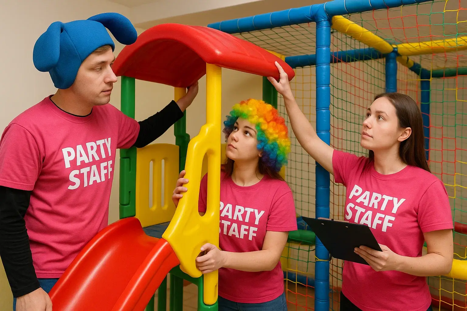 Staff checking safety of playground setup